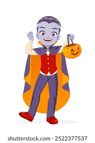 Feliz menino bonito vestido como um vampiro com cesta de abóbora jack-o-lantern truque-ou-tratando no Halloween. Ilustração de vetor de desenhos animados isolada sobre fundo branco.