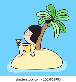 Happy Cute Young Relaxing Girl Sitting And Drinking Cocktail On Island. Concept Of Holiday Vacation Mood Card Character illustration