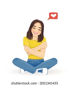 Happy cute young woman sitting crossed legs hugging herself with enjoying emotions isoleted. Love concept of yourself body vector illustration