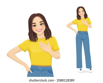 Feliz linda mujer joven sonriendo con la mano en el pecho. Ilustración vectorial aislada del concepto de amor