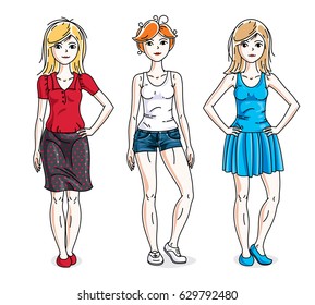 Happy cute young women group standing wearing casual clothes. Vector set of beautiful people illustrations. Fashion and lifestyle theme cartoons.