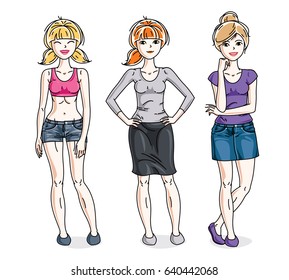 Happy cute young women group standing wearing casual clothes. Vector set of beautiful people illustrations. Fashion and lifestyle theme cartoons.