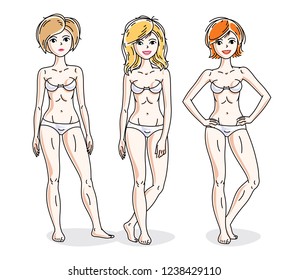 Happy cute young women standing in white underwear. Vector characters set. Slim female with perfect body.