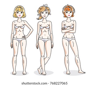 Happy cute young women standing in white underwear. Vector characters set. Slim female with perfect body.