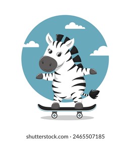Happy, cute zebra skateboarding. Blue sky, white clouds. Summer sport. Flat cartoon style. Vector illustration isolated on white background.