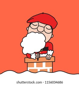 Happy Cutie Santa Claus Coming Out From The Chimney With A Cotton Candy Beard In His Hand. Concept Of Christmas Moment Card Character illustration