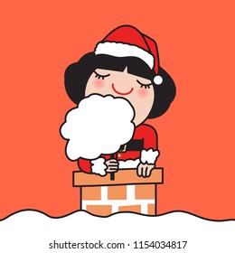 Happy Cutie Santy Coming Out From The Chimney With A Cotton Candy Beard In Her Hand. Concept Of Christmas Moment Card Character illustration