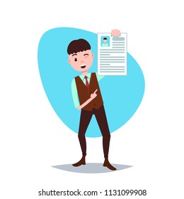happy cv man holding personnel resume concept template for design work or animation over white background full length flat vector illustration