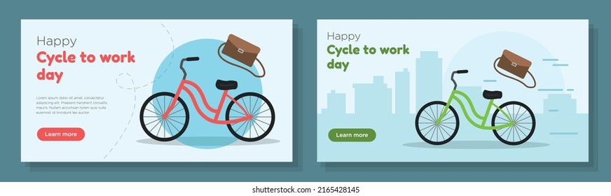 Happy cycle to work day 2022 online banner template set, ecological environmental friendly transport advertisement, horizontal ad, bike riding celebration webpage, e-bike creative brochure, isolated