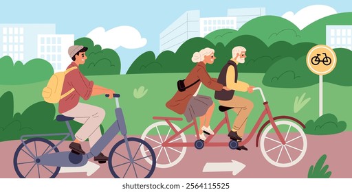 Happy cyclists in nature. Bike ride in city park. Elderly couple ride in tandem. Funny guy with backpack pedaling. Green transport. People on bicycles. Cycle road. Garish