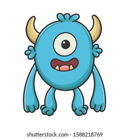 Happy cyclop cartoon furry creature monster isolated on white