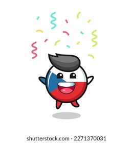 mascota de la bandera de la república checa feliz saltando por felicitación con color confetti , diseño de estilo lindo para camiseta, pegatina, elemento logo