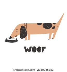 Happy Dachshund cartoon character, friend, dog print for children. Vector illustration in flat style.