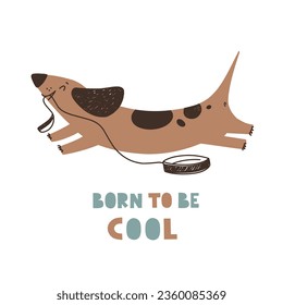 Happy Dachshund cartoon character, friend, dog print for children. Vector illustration in flat style.