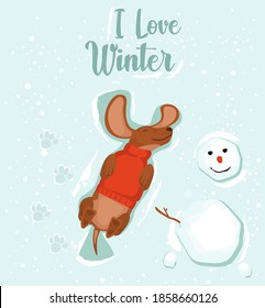 Happy dachshund lies in the snow, top view. I love winter, winter lettering. Christmas card for invitations, congratulations. Cute christmas characters for holiday decoration