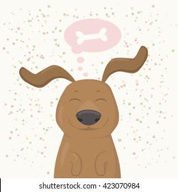 Happy dachshund puppy dreaming about a sweet tasty bone, and smiling. Single composition on a light background with multicolored spots. Vector illustration.