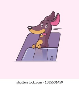 Happy dachshund puppy standing on a car window vector cartoon illustration