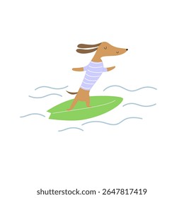 Cão de surfista dachshund feliz com roupa listrada colorida - ilustração vetor de surfe perfeito para diversão de verão, cenas de praia e decoração infantil.