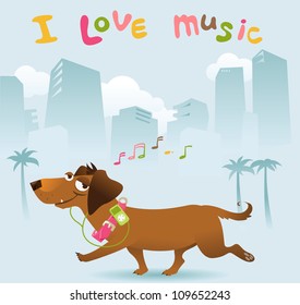 Happy dachshund walking in the city