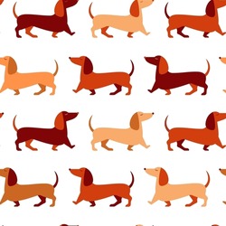 Happy Dachshund Walking Seamless Pattern. Cute Sausage Dogs With Tails Up In Movement, Funny Pets On Repeating Background In Shades Or Brick Red Color For Prints, Textiles And Fabric Designs.
