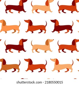 Happy dachshund walking seamless pattern. Cute sausage dogs with tails up in movement, funny pets on repeating background in shades or brick red color for prints, textiles and fabric designs. svg