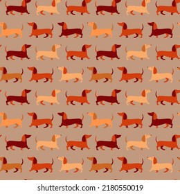 Happy dachshund walking seamless pattern. Cute sausage dogs with tails up in movement, funny pets on repeating background in shades or brick red color for prints, textiles and fabric designs.