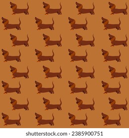 Happy dachshund walking seamless pattern. Cute sausage dogs with tails up in movement, funny pets on repeating background in shades or brick red color for prints, textiles and fabric designs. Vector