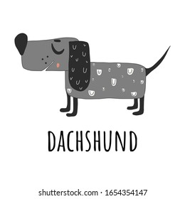 happy Dachshund.hand-drawn illustration.dog and the name of the breed in the Doodle style.isolated on a white background. the funny character is suitable for t-shirt, websites,Cup,poster,postcard.