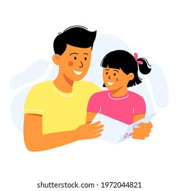 Happy dad and baby daughter are look into the card. Father is holding child. Fathers day. Vector illustration isolated on white for card, web banner, site