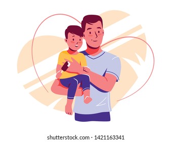 Happy dad and baby son are look into the distance together. Father is holding child. Fathers day. Vector illustration isolated on white for card, web banner, site
