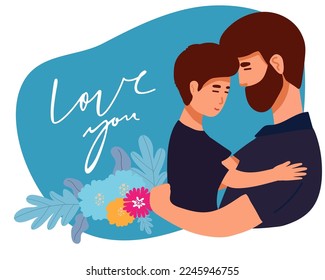 Happy dad and baby son are look into the distance together. Father is holding child. Fathers day. Vector illustration isolated on white for card, web banner, site