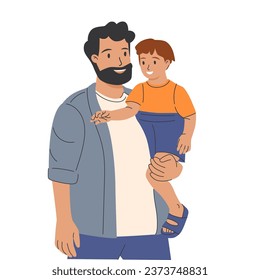 Happy dad and baby son are look into the distance together. Father is holding child. Fathers day. Vector illustration isolated on white for card, web banner, site