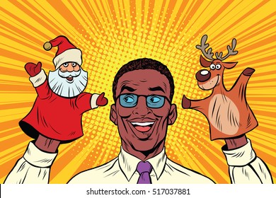 Happy dad, a Christmas puppet theater, pop art retro vector illustration. Santa Claus and reindeer