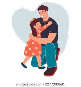 Happy dad and daughter joyfully hug each other.Father with his child have fun.Parent communicates with the baby girl.Smiling family,cartoon characters.Flat  vector illustration on white background.