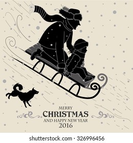 Happy dad and daughter on sledge, coming down from the mountain. New year and Cristmas card retro style.