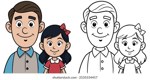 Happy Dad And Daughter Smile Cartoon Coloring Page For Kids