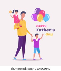 Happy dad day. Father's day. Happy Father walking with daughter and son vector illustration