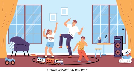 Happy dad having fun with his kids dancing in children room with various toys around flat vector illustration