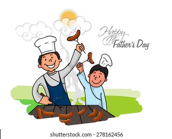 Happy Dad With His Cute Son, Cooking Food On Occasion Of Happy Father's Day Celebration.