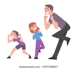 Happy Dad and his Two Kids Celebrating Victory, Expressing Succes or Having Fun, Positive Emotions Concept Cartoon Vector Illustration