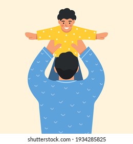 Happy dad holding his cute baby in arms. Father and son spend time together. Father's day. Modern design for greeting card, poster, print. Flat vector illustration.