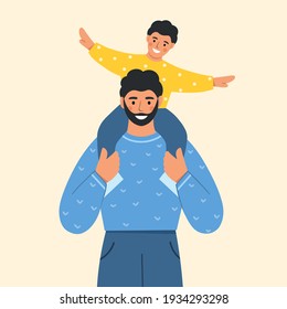 Happy dad holding his cute child on shoulders. Father and son spend time together. Father's day. Modern design for greeting card, poster, print. Flat vector illustration.
