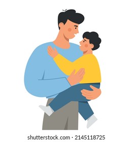 Happy dad holding his cute baby in arms. Father and son spend time together. Father's day. Modern design for greeting card, poster, print. Flat vector illustration.