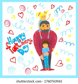 Happy Dad holding his son and daughter. Happy father's day. A happy family. Vector illustration of a flat design.