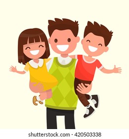 Happy Dad holding his son and daughter. Vector illustration of a flat design.