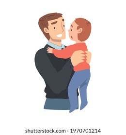 Happy Dad Holding his Toddler Baby, Happy Parenting, Fatherhood and Kids Care Cartoon Vector Illustration
