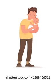 Happy dad holds baby in his arms. Paternity. Vector illustration in flat style