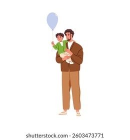 Happy dad with kid, holding festive helium balloon. Father with little boy child in arms. Man standing with son toddler preschooler, family. Flat vector illustration isolated on white background