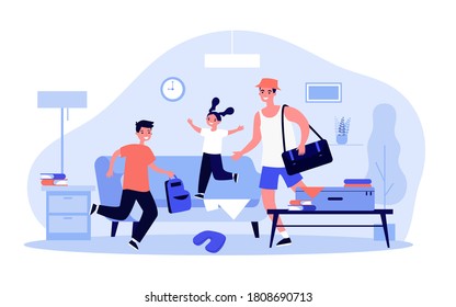 Happy dad and kids packing for holiday trip. Backpacks, suitcases, messy at home flat vector illustration. Family vacation, travel concept for banner, website design or landing web page
