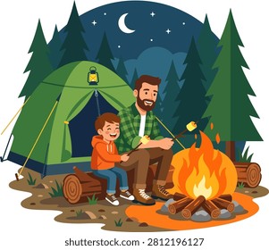 Happy dad and little boy roasting marshmallows at night campfire outside green tent in forest woods under moon and stars, family outdoor activity scene.